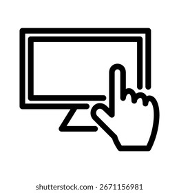 Hand points at a computer monitor in this icon, representing user interaction.