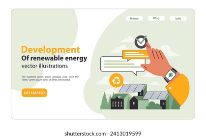 Hand points to dialogue on renewable energy development. Solar panels with houses represent clean power sources. Discussing sustainability and green solutions. Flat vector illustration.