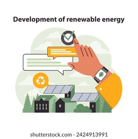 Hand points to dialogue on renewable energy development. Solar panels with houses represent clean power sources. Discussing sustainability and green solutions. Flat vector illustration.