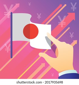 La mano apunta a la bandera de Japón. En el contexto del crecimiento del yen, el concepto de finanzas, ingresos, cambio, dinero y depósitos en la moneda del país.