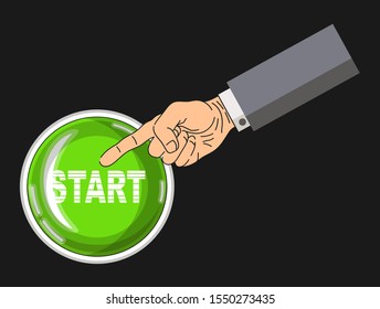 Hand points to a green start button. Emblem, symbol, icon, sign, pictogram. Vector illustration