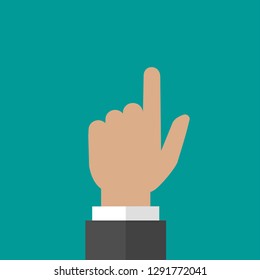 Hand points up isolated on turquoise background. Navigation, pointing, showing. hint, tint concept. Goal achievement. Vector searching illustration.