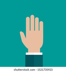 Hand points up isolated on turquoise background. Vote, point, show. Give, take concept. Goal achievement. Vector searching illustration.