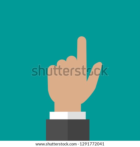 Hand points up isolated on turquoise background. Navigation, pointing, showing. hint, tint concept. Goal achievement. Vector searching illustration.