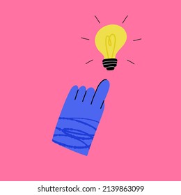 Hand points to light bulb. Creative idea, Cartoon colorful arm gesture, brainstorming process, poster or print. Vector trendy cartoon isolated concept