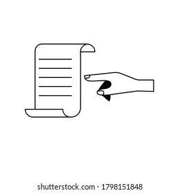 A hand points to a list written on a piece of paper. Vector icon isolated on white background, black outline, eps 10.