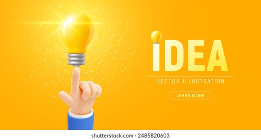 Hand points to a luminous yellow light bulb. Good creative idea or business success creative concept, banner template. Vibrant yellow background. 3d realistic vector illustration