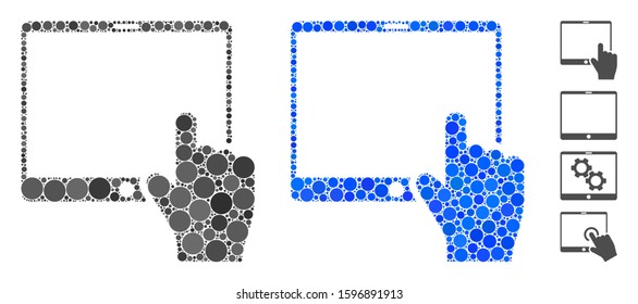 Hand points mobile tablet mosaic of round dots in different sizes and color tinges, based on hand points mobile tablet icon. Vector round dots are combined into blue mosaic.