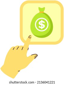 Hand points to money bag icon. Wealth, success symbol vector illustration. Sack of banknotes and gold coins. Investment, payment sign. Green bag with dollars. Person makes money, earn salary