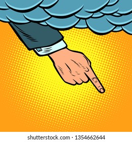 the hand points out of the cloud. Comic cartoon pop art illustration vintage vector drawing