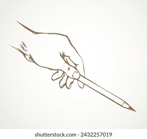 Hand points with a pencil. Vector drawing