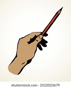 Hand points with a pencil. Vector drawing