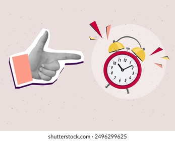 A hand points to a ringing red alarm clock. Modern collage vector illustration 