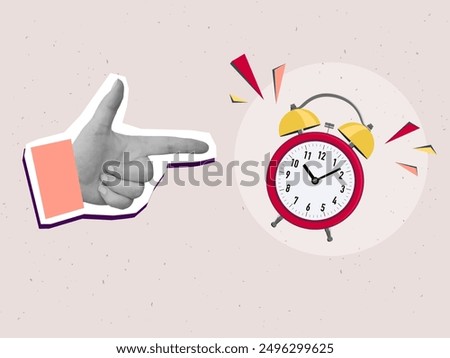 A hand points to a ringing red alarm clock. Modern collage vector illustration 