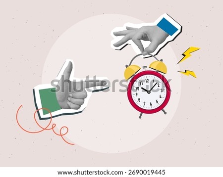 A hand points to a ringing red alarm clock. Modern collage style. Vector illustration