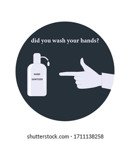 Hand points to the sanitizer with your finger - you washed your hands - the icon is round - vector. Preventive measures viral bacterial infection. Personal hygiene.