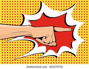 The hand points sideways and pop art retro vector