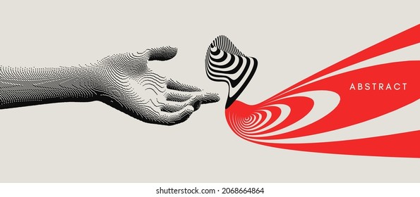 The hand points to something made of psychoderic stripes. Pattern with optical illusion and voxel art. 3D vector illustration for brochure, flyer, card, banner or cover.