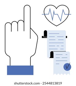 A hand points upward with a heartbeat symbol alongside a medical report and a checkmark. Ideal for health apps medical assessments fitness technology patient monitoring and reports. Modern minimal