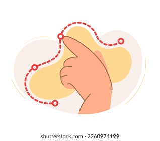 La mano señala el camino de un punto a otro. El concepto de una idea de negocio, inicio, organización, lluvia de ideas. Ilustración del vector aislada en un fondo blanco