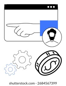 Hand points within a browser window, accompanied by a profile icon, coin with a dollar sign, and gears. Ideal for guidance, online services, user interaction, business efficiency, tech support