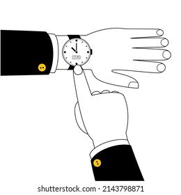 La mano apunta al reloj de pulsera. Ilustración vectorial en forma de esquema sobre el tema de la gestión del tiempo y la planificación del tiempo de trabajo.