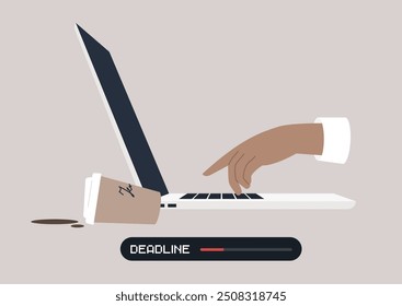 A hand poised over a laptop keyboard signifies intense focus, with a coffee cup spilling beside it, highlighting the urgency of meeting an upcoming deadline