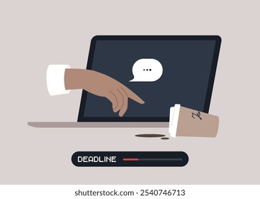 A hand is poised over a laptop keyboard, reflecting the urgency of finalizing tasks, An overturned coffee cup sits nearby, hinting at long hours spent working against the pressure of a deadline