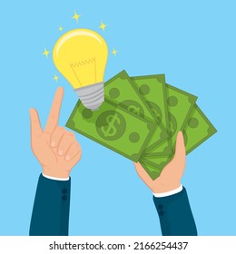 Hand poiting at bulb light and banknote, illustrator vector cartoon drawing