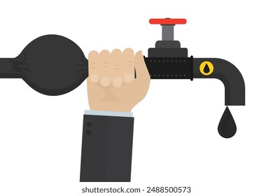 Hand of politician or businessman pinched oil pipeline. Ban on import oil, gas. Embargo, sanctions. Trade, economic wars. Oil price ceiling. Geopolitics, war crisis. Flat Vector illustration