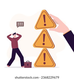 Hand of politician puts stack of prohibition signs. Ban on business making, discrimination. Unhappy businessman standing near yellow warning triangular signs. Restrictions, sanctions. flat vector