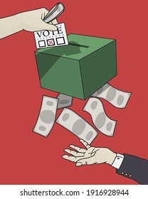 A hand of politician is under the ballot box, waiting for the money and benefit that he will get when he's government.