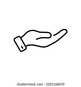 Hand Poor Person Line Black Icon. Poverty People Hold Palm Ask Beg Help Linear Pictogram. Homeless Human Give Helpful Charity Money Outline Sign. Editable Stroke. Isolated Vector Illustration.