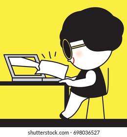 Hand Popping Coming Out Of A Laptop Holding Papers To A Worker Girl Concept Card Character illustration