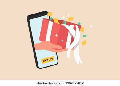 Hand pops out of the screen of a smartphone and hands a gift. Giving season go concept. Colored flat vector illustration.