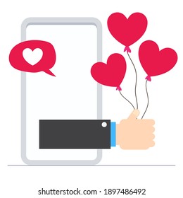 Hand pop-up from mobile. Online message showing Love and valentines day concept flat illustration. Vector EPS10.