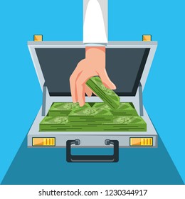 hand with portfolio and bills dollars