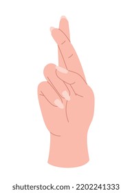 Hand pose icon. Character crosses his fingers and prays. Symbol of hope and experience. Emotions, mood and gestures. Reaction or sticker for social networks. Cartoon flat vector illustration