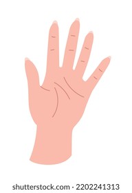Hand pose icon. Character shows five fingers, open palm. Language of gestures, designation of number five, counting. Symbol and sign. Graphic element for website. Cartoon flat vector illustration