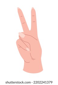 Hand pose icon. Character shows two fingers. Gesture of peace and counting, designation of number two. Sticker for social networks and reaction for messengers. Cartoon flat vector illustration