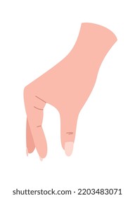 Hand pose icon. Character trying to pick up something small, grasp it with two fingers. Sticker for social media. Graphic element for website Reaction for messengers. Cartoon flat vector illustration