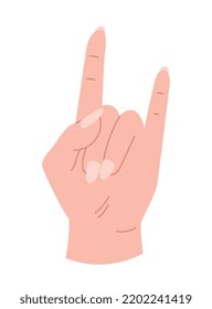 Hand pose icon. Rock, power, energy and strength. Character shows second and fifth fingers. Sticker for social networks. Emotions, reactions, moods and gestures. Cartoon flat vector illustration