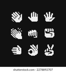 Hand pose pixel art icons set, handshake, raised fist. Ok hand. Video game sprite 1-bit. Isolated vector illustration. Design for stickers, logo, embroidery, mobile app.