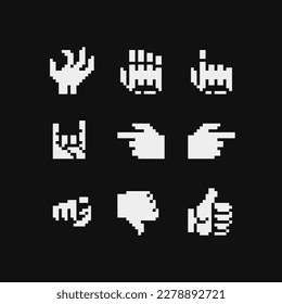 Hand pose pixel art icons set, Index pointing up, Zombie hand. Hand pointer. Video game sprite 1-bit. Isolated vector illustration. Design for stickers, logo, embroidery, mobile app.