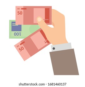 Die Hand stellt das Zählen, Geben, Nehmen, Quetschen und das Vorzeigen von grünem Bargeld. 