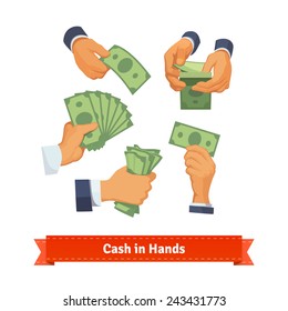 Hand poses counting, giving, taking, squeezing and showing green cash. Flat style illustration. 