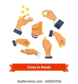 Hand poses counting, giving, taking, putting, throwing, and showing coins and stack. Flat style illustration.  svg