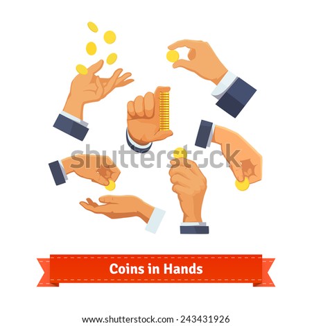 Hand poses counting, giving, taking, putting, throwing, and showing coins and stack. Flat style illustration. 