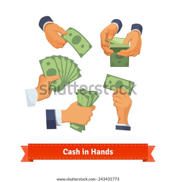 Hand poses counting, giving,\
taking, squeezing and showing green cash. Flat style illustration.\
