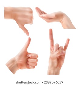 Hand poses. Female hand gestures, holding and pointing, crossed fingers, fist, peace and thumbs up. Communicating or chatting with emoji for messengers